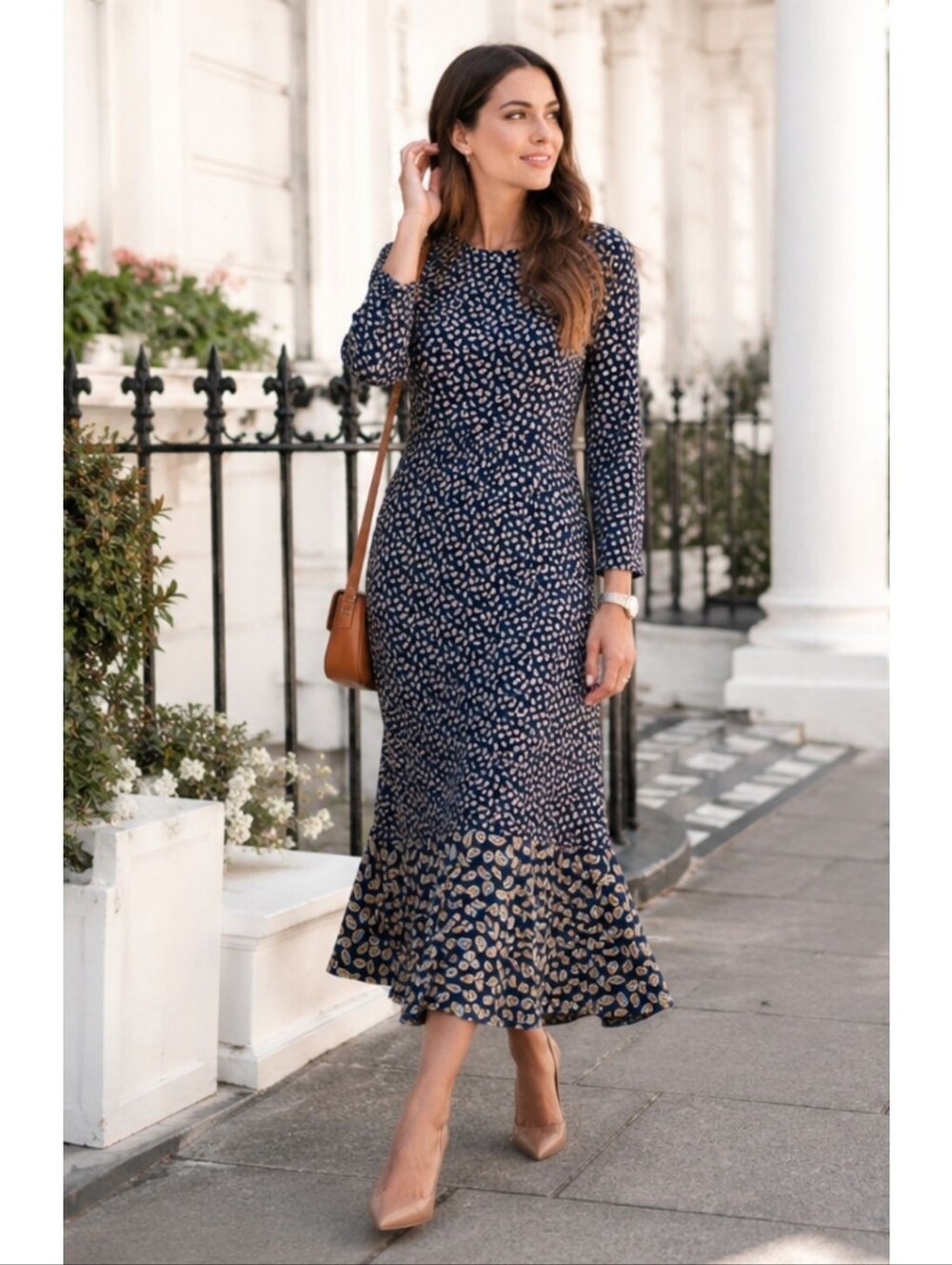 Boden Philippa Jersey Knit Midi Dress Navy Blue Rainbows Ruffle Soft Stretch